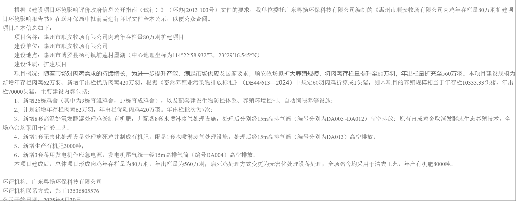 《惠州市順安牧場(chǎng)有限公司肉雞年存欄量80萬(wàn)羽擴(kuò)建項(xiàng)目環(huán)境影響報(bào)告書》審批前公示